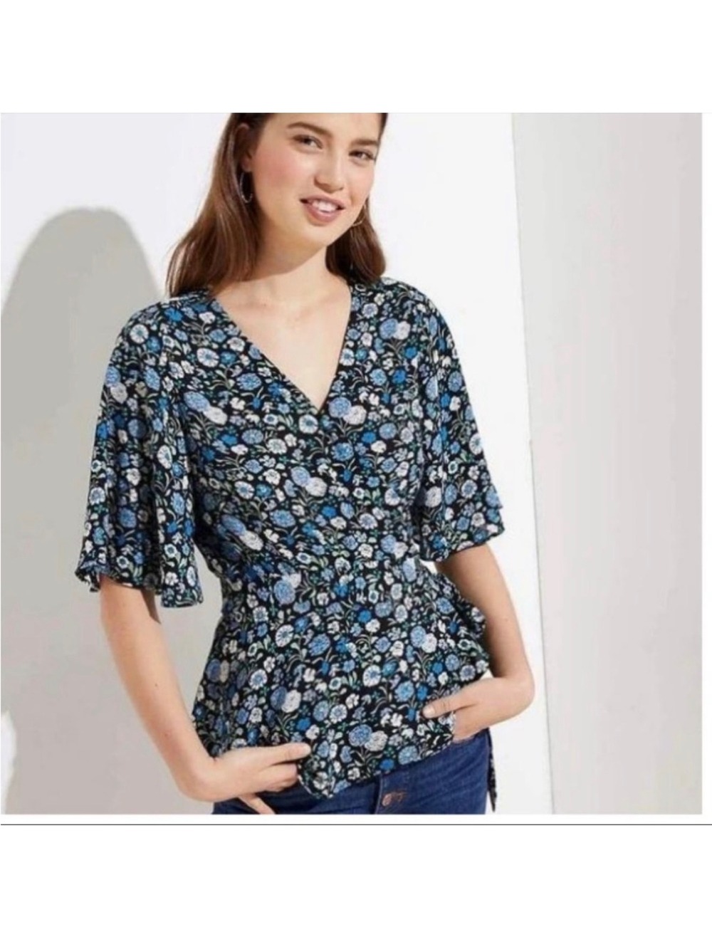LOFT Black and Blue Floral Wrap Peplum Blouse Xs cottagecore